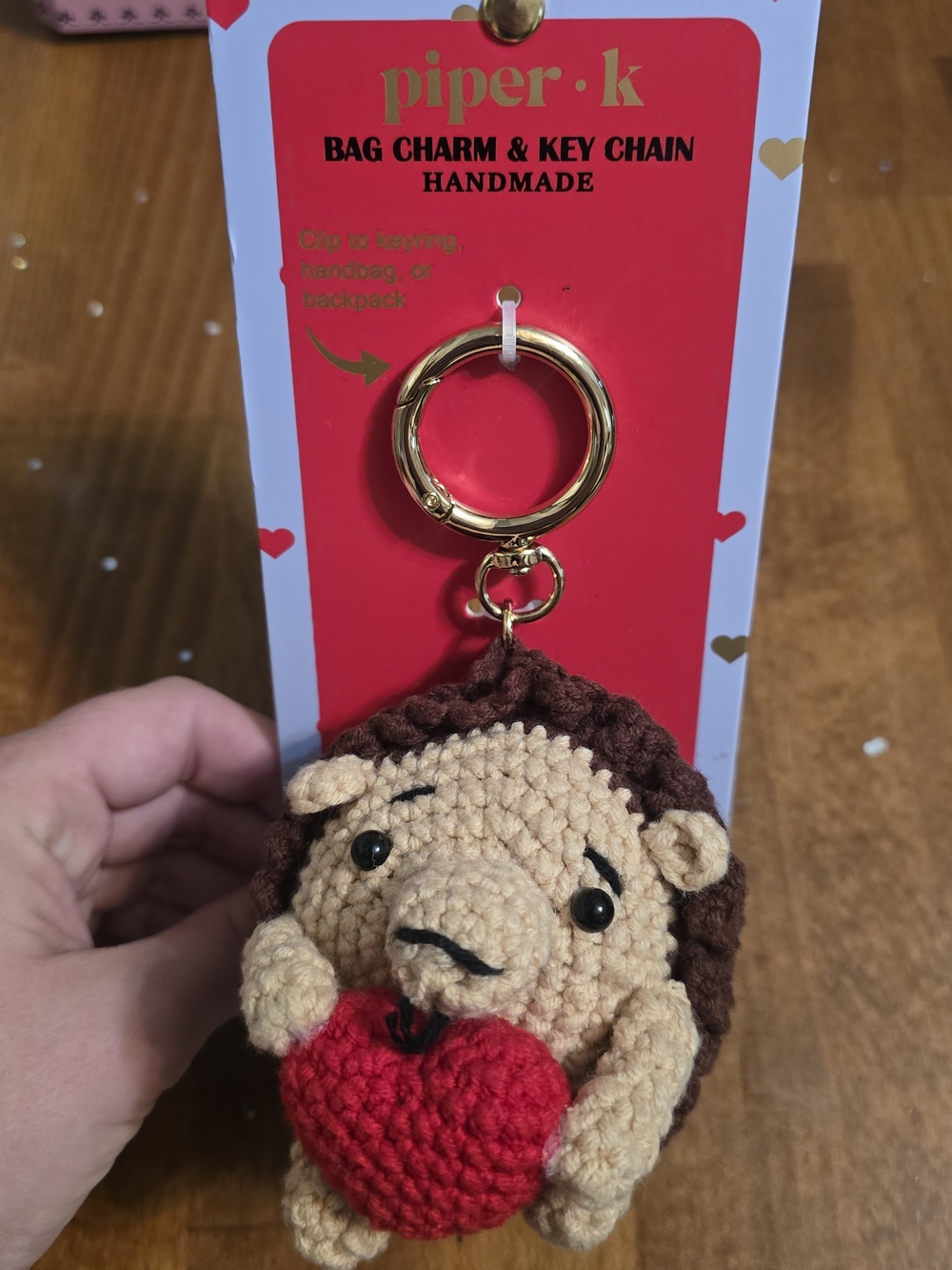 piper.k Handmade Brown Hedgehog Keychain with Red Heart